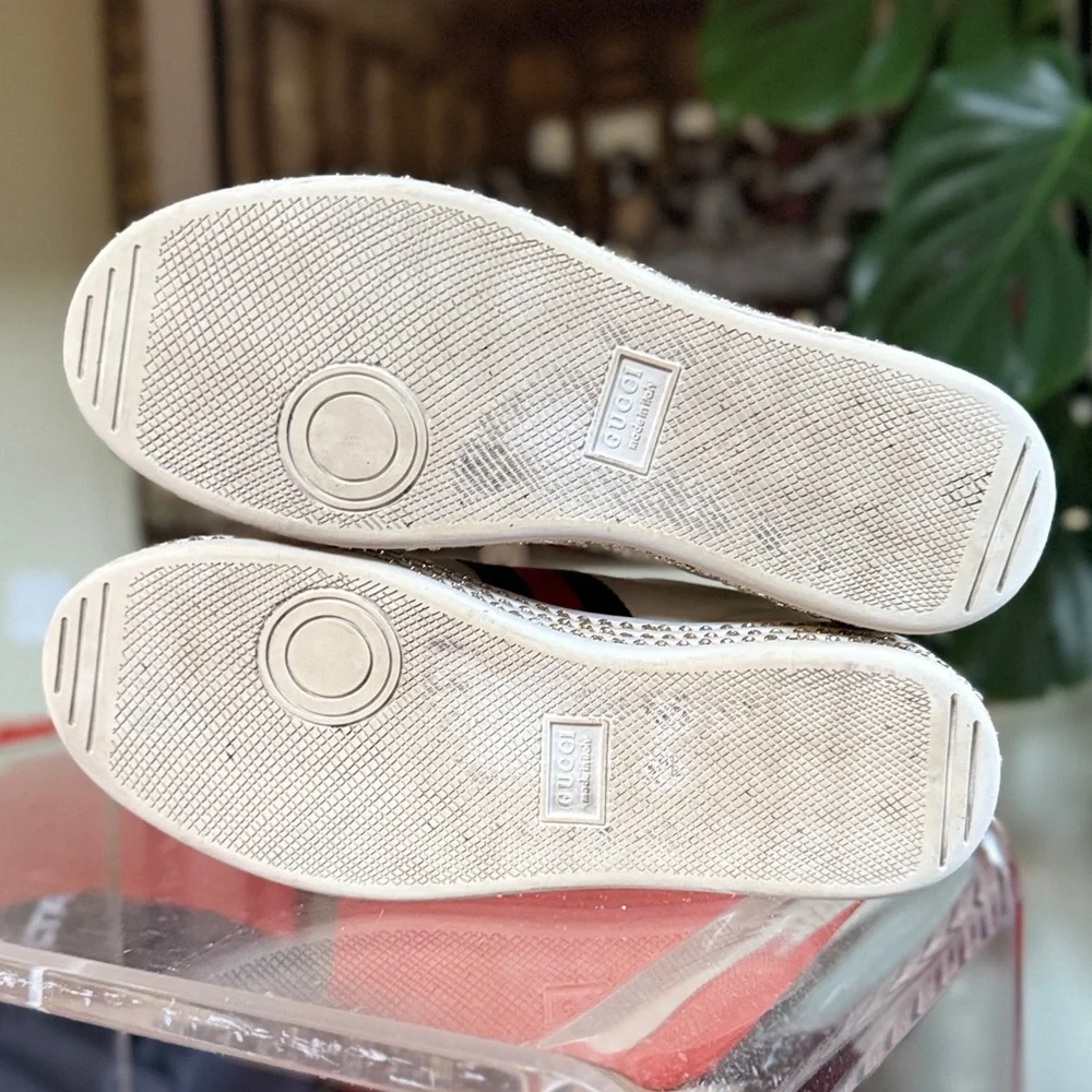 GUCCI Calfskin Crystal Web Bee Womens Ace Platform Sneakers 39 White - Picture 7 of 15